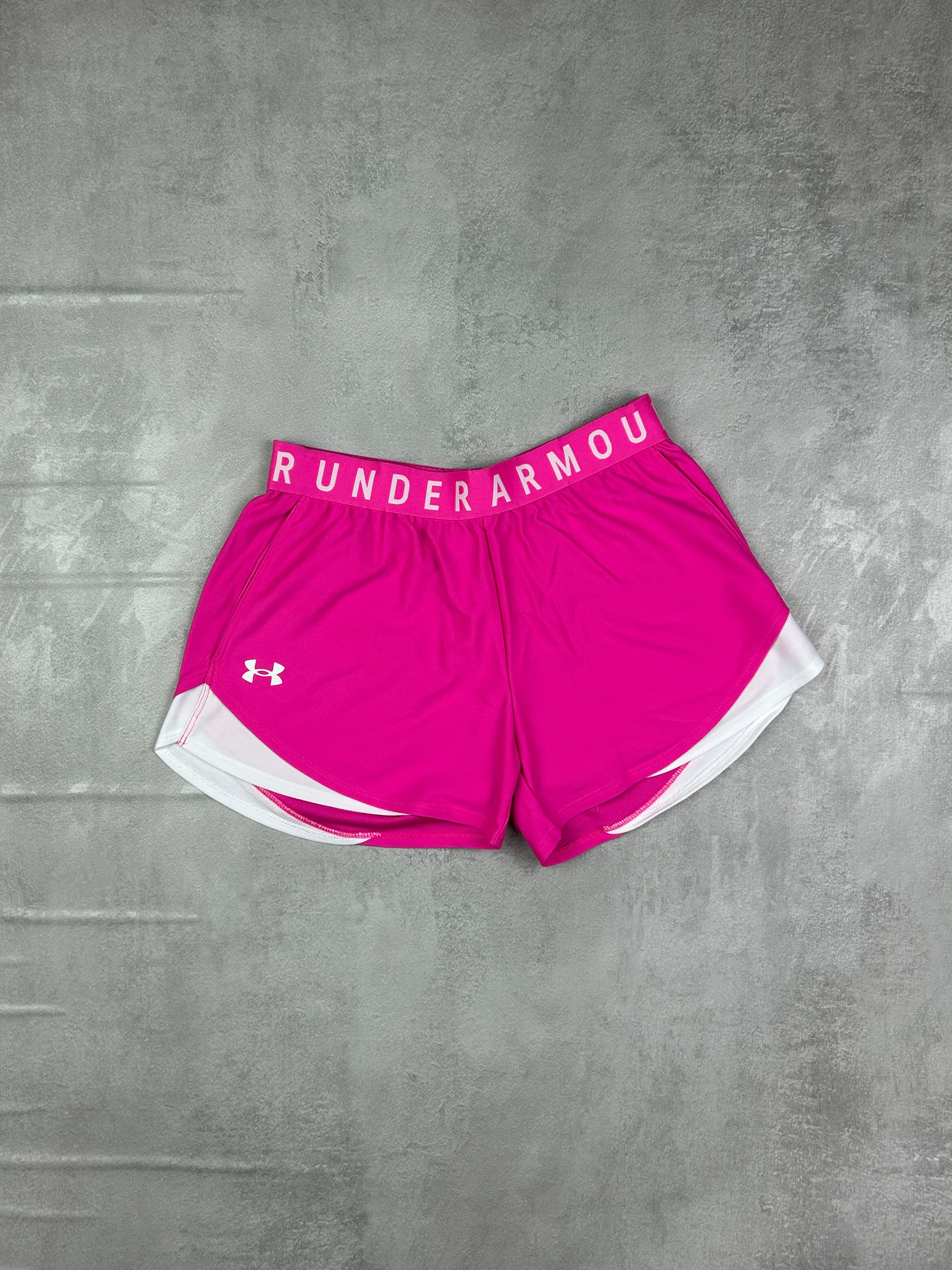 under armour women's play up 3.0 shorts rebel pink/white
