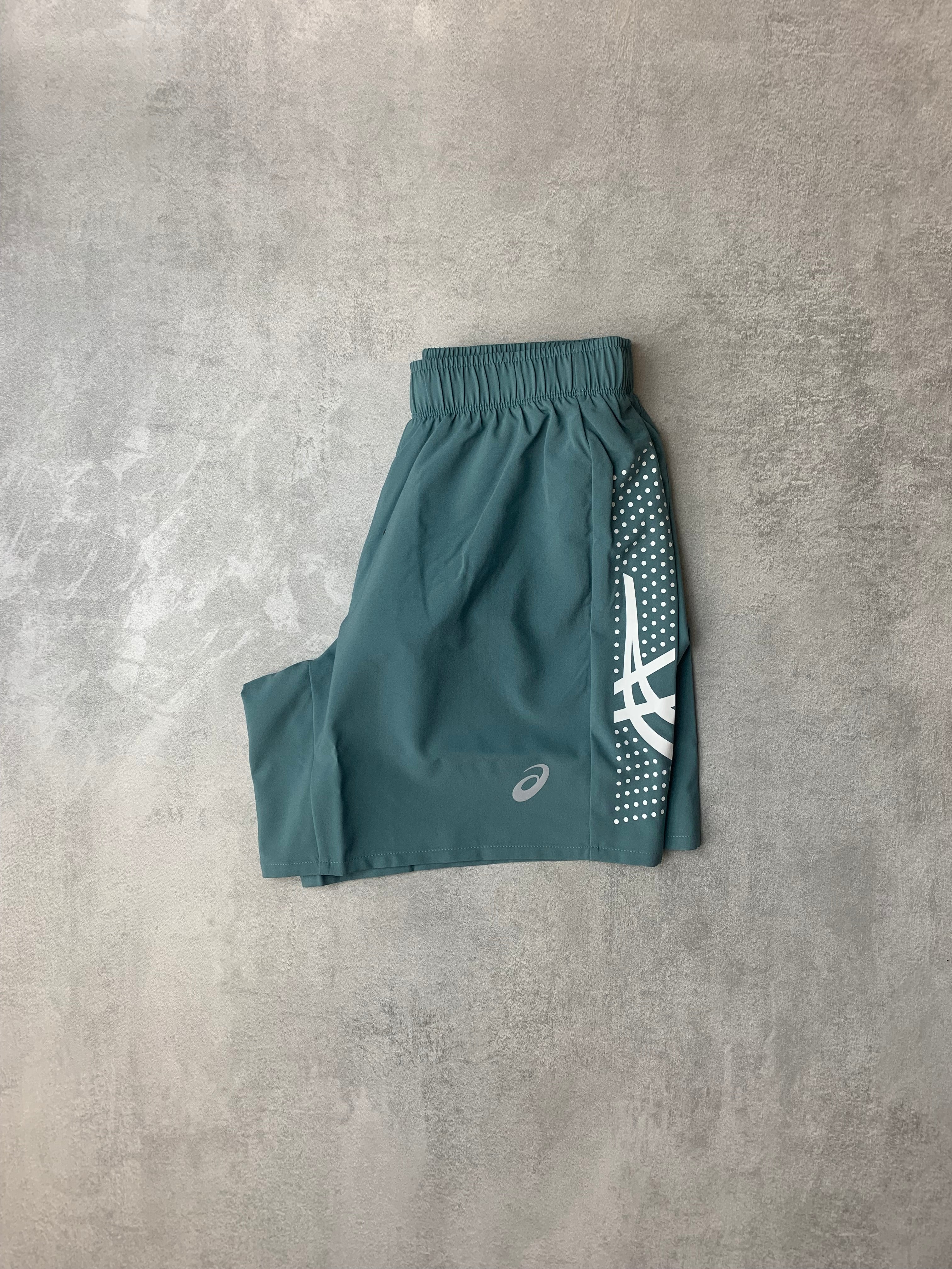 Asics icon mens running shorts - foggy teal