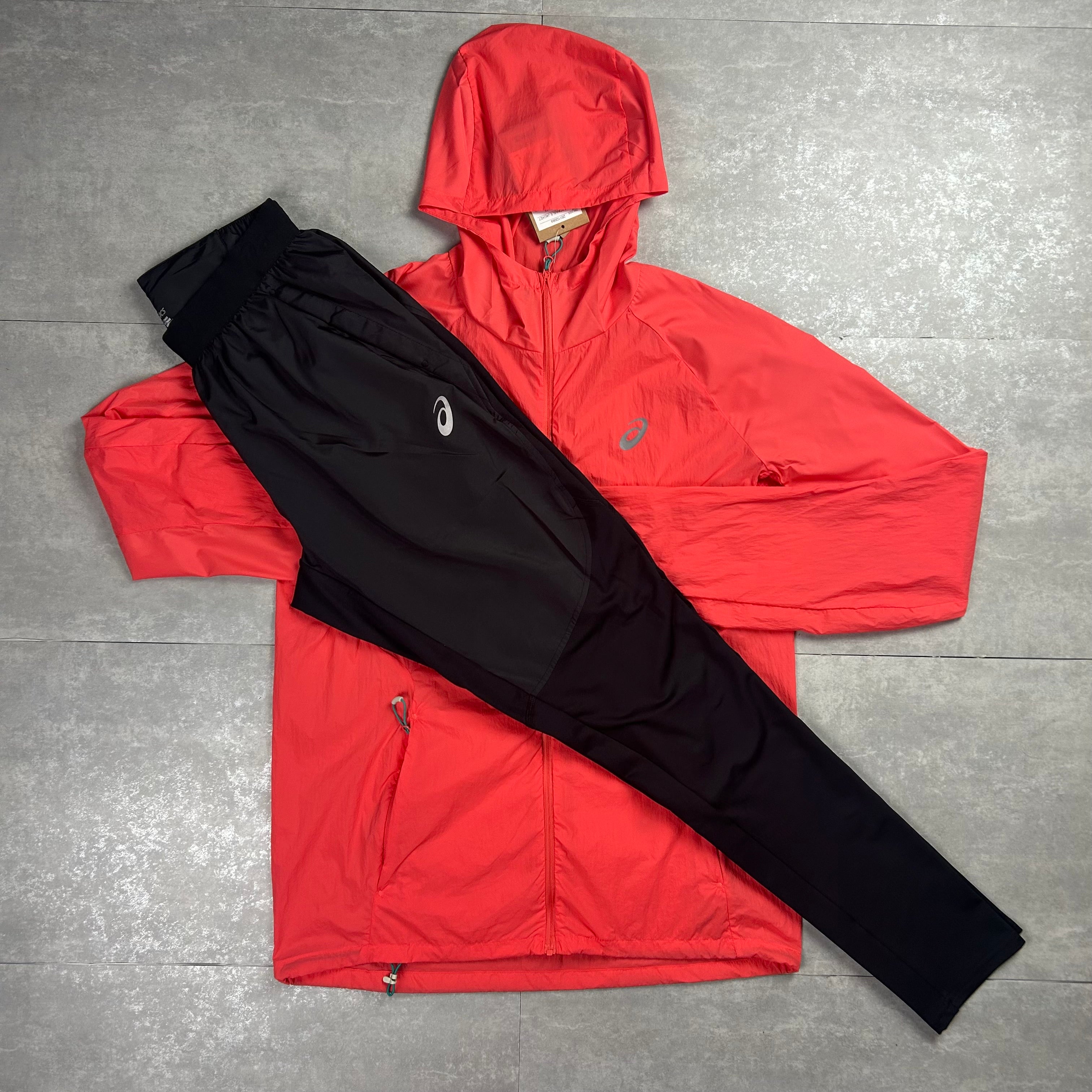 Asics road wind runner tracksuit set coral red/black