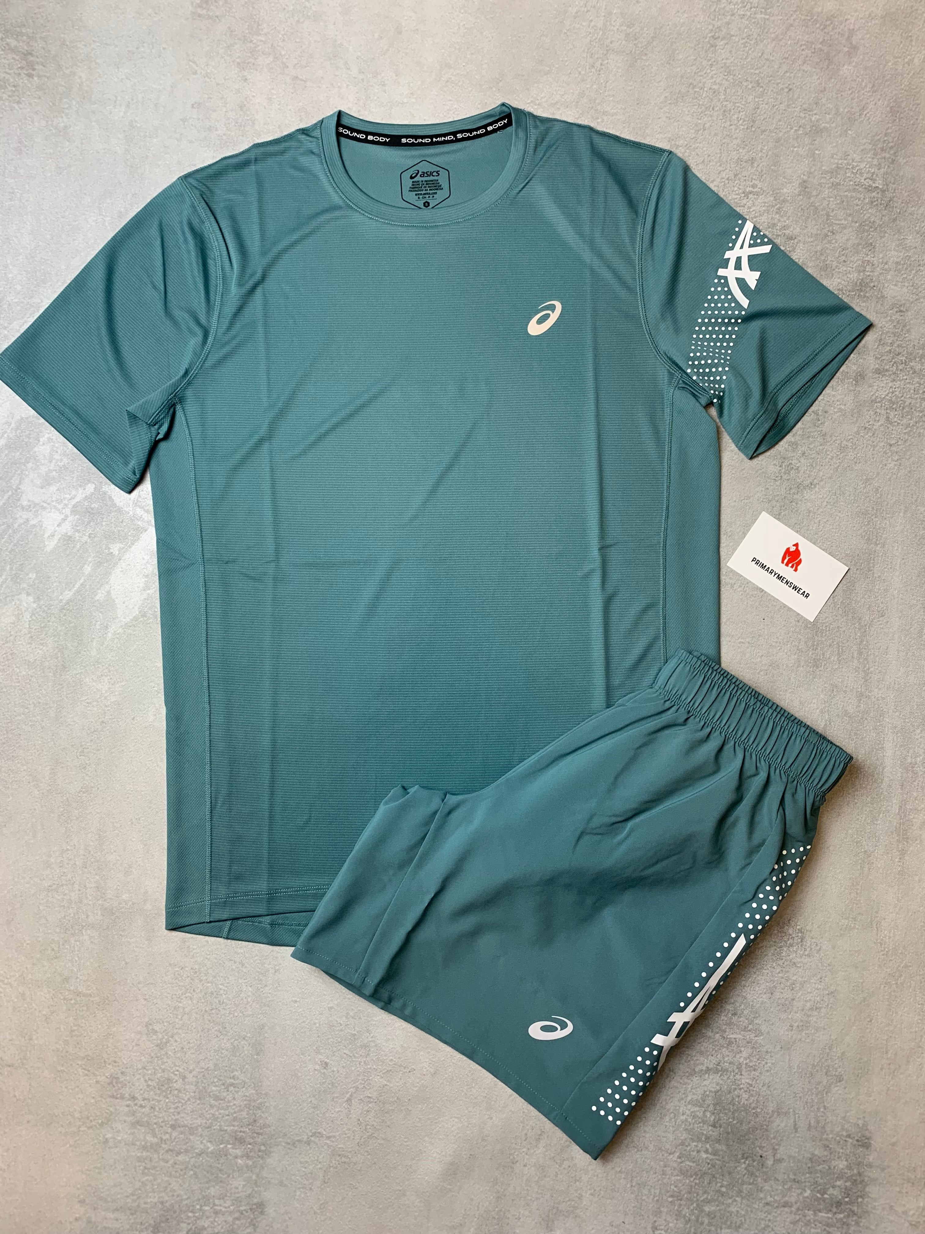 asics icon teal running set