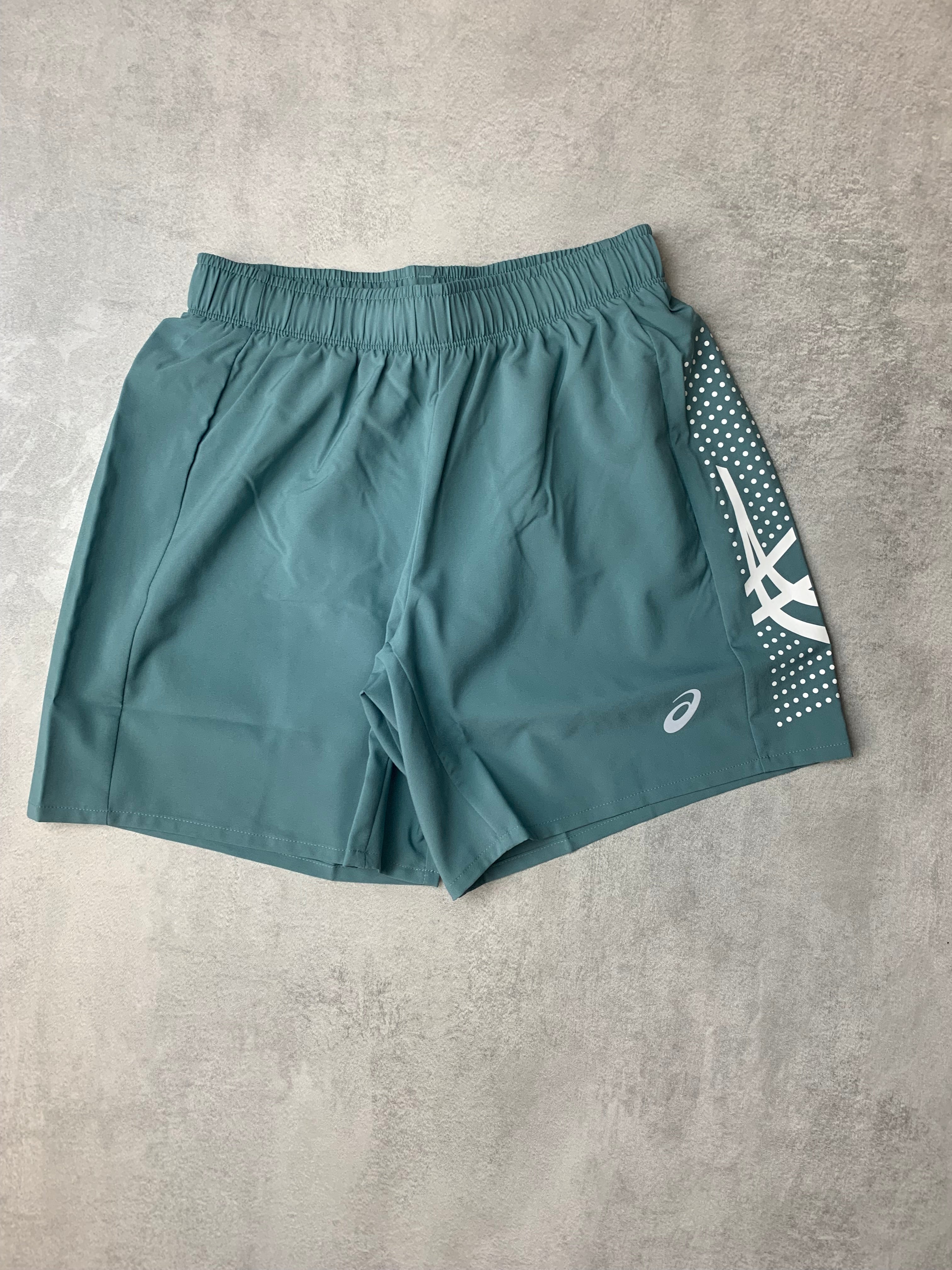 Asics icon mens running shorts - foggy teal