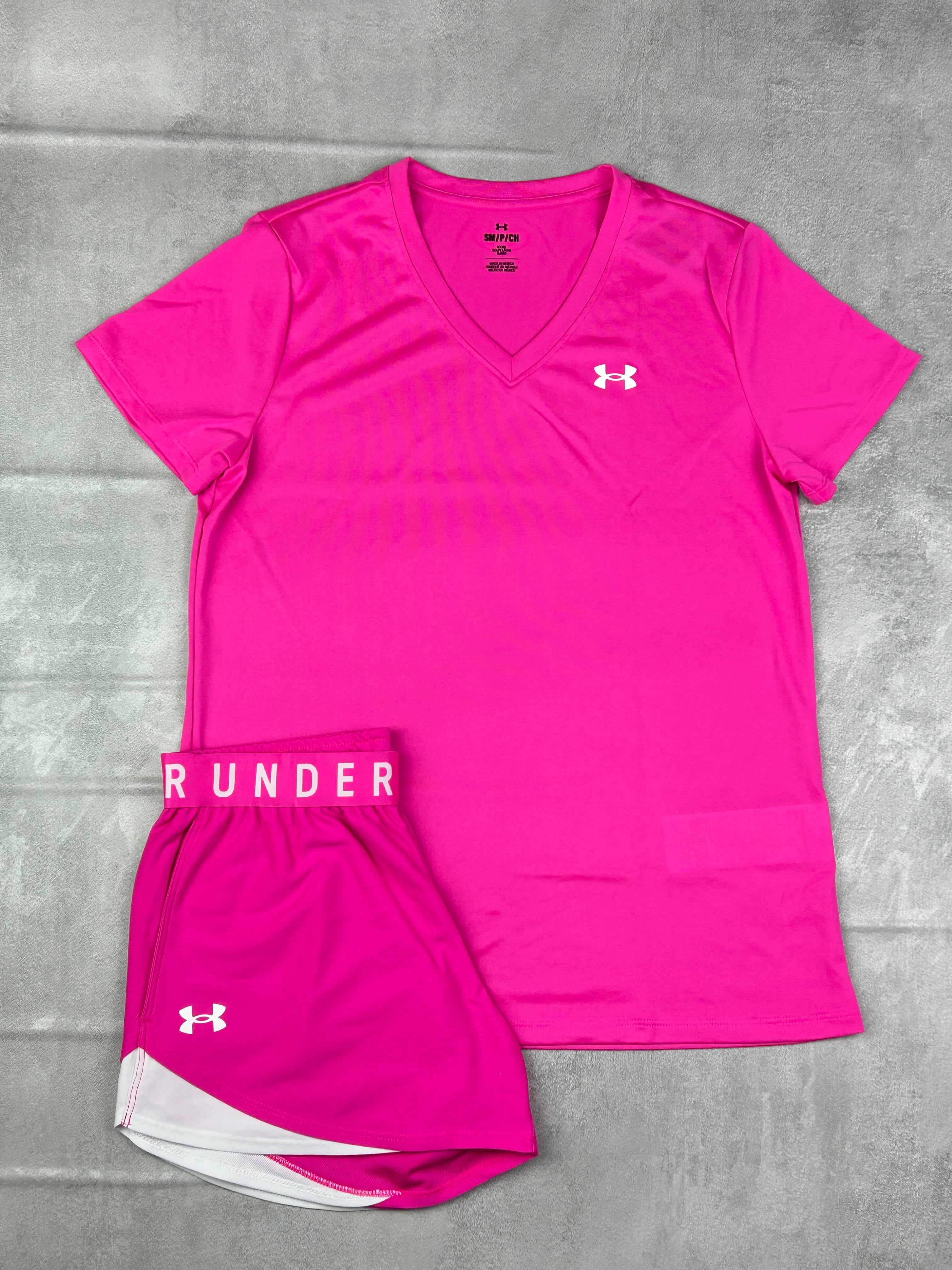 under armour women's t shirt/ play shorts set rebel pink
